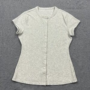 Vuori Short Sleeve Pose Button Up Top Women's Medium Gray Heather Slim Tee Shirt